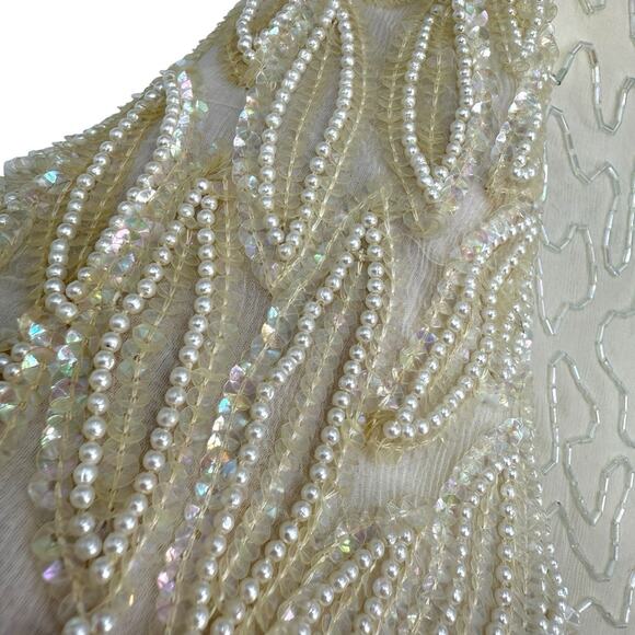 Lawrence Kazar Silk Beaded Sheath Dress Vintage size Small Ivory Short Sleeve - Picture 2 of 16